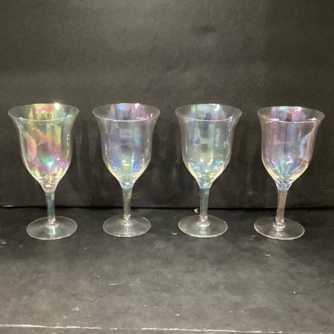 Fostoria Iridescent Wine Glasses, Set Of 4 Vintage Rainbow Sheen Luster Stemware - Thumbnail 3