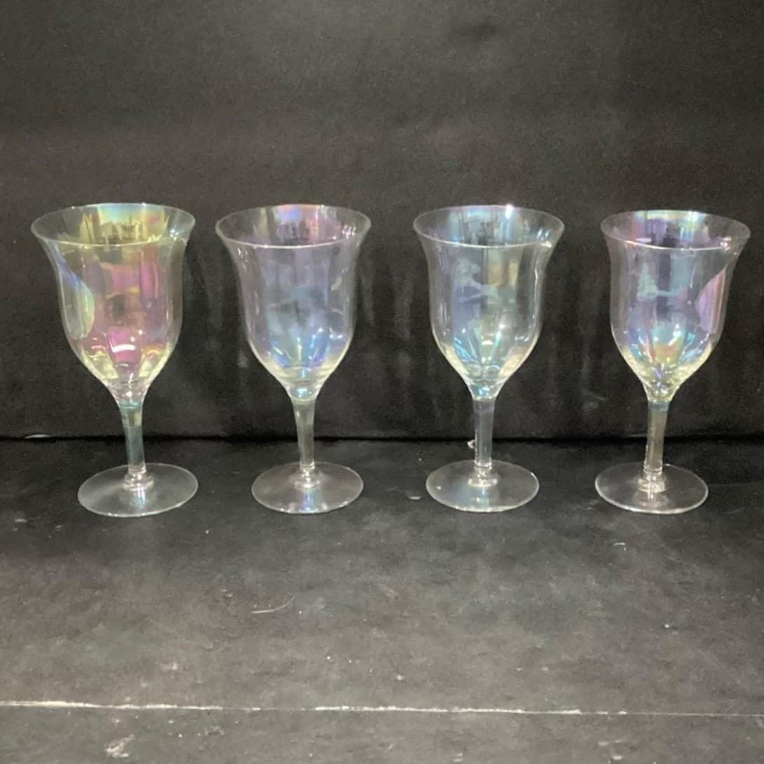 Fostoria Iridescent Wine Glasses, Set Of 4 Vintage Rainbow Sheen Luster Stemware - Thumbnail 5