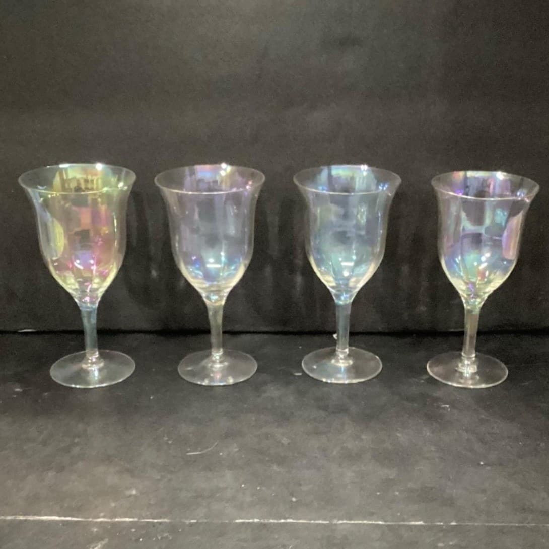 Fostoria Iridescent Wine Glasses, Set Of 4 Vintage Rainbow Sheen Luster Stemware - Thumbnail 6