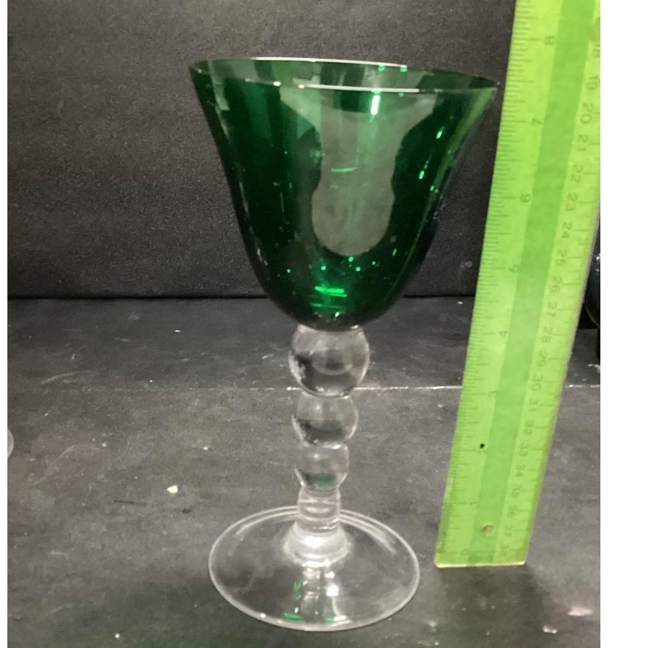 Emerald Green Water Glasses, Set of 2, Vintage Clear Bubble Stem, Stemware - Thumbnail 10