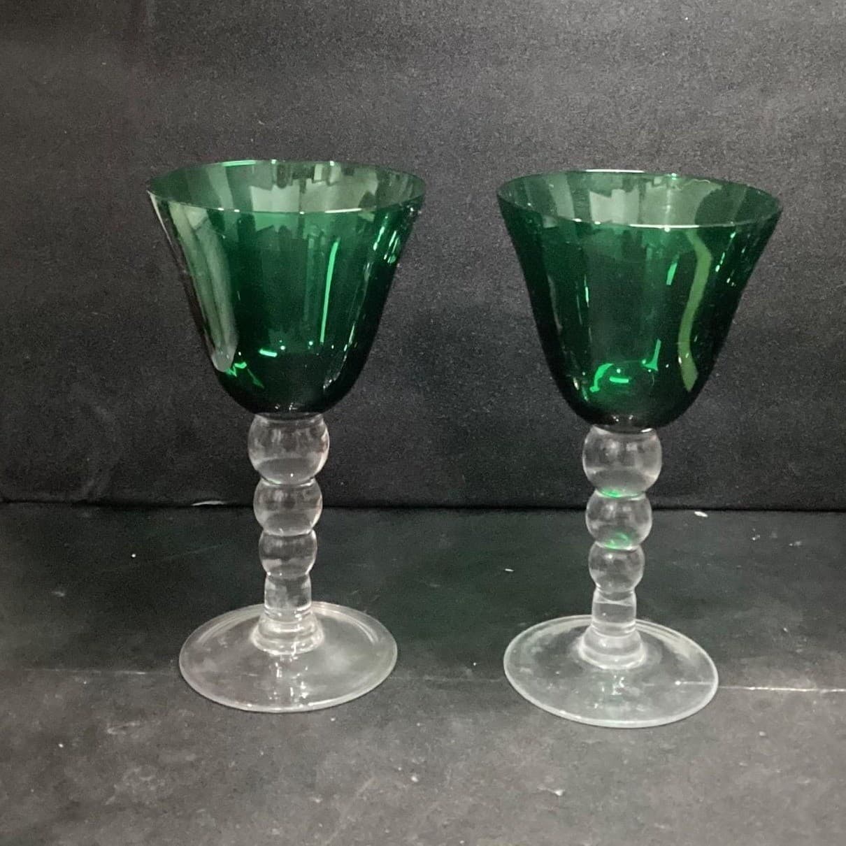 Emerald Green Water Glasses, Set of 2, Vintage Clear Bubble Stem, Stemware - Thumbnail 3