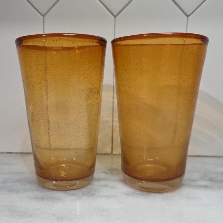 Hand Blown Amber Bubble Glasses, Set of 2, Golden Tumbler, Artisanal Drinkware - Thumbnail 8