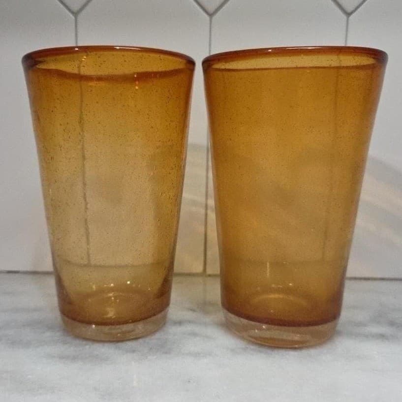 Hand Blown Amber Bubble Glasses, Set of 2, Golden Tumbler, Artisanal Drinkware - Thumbnail 9