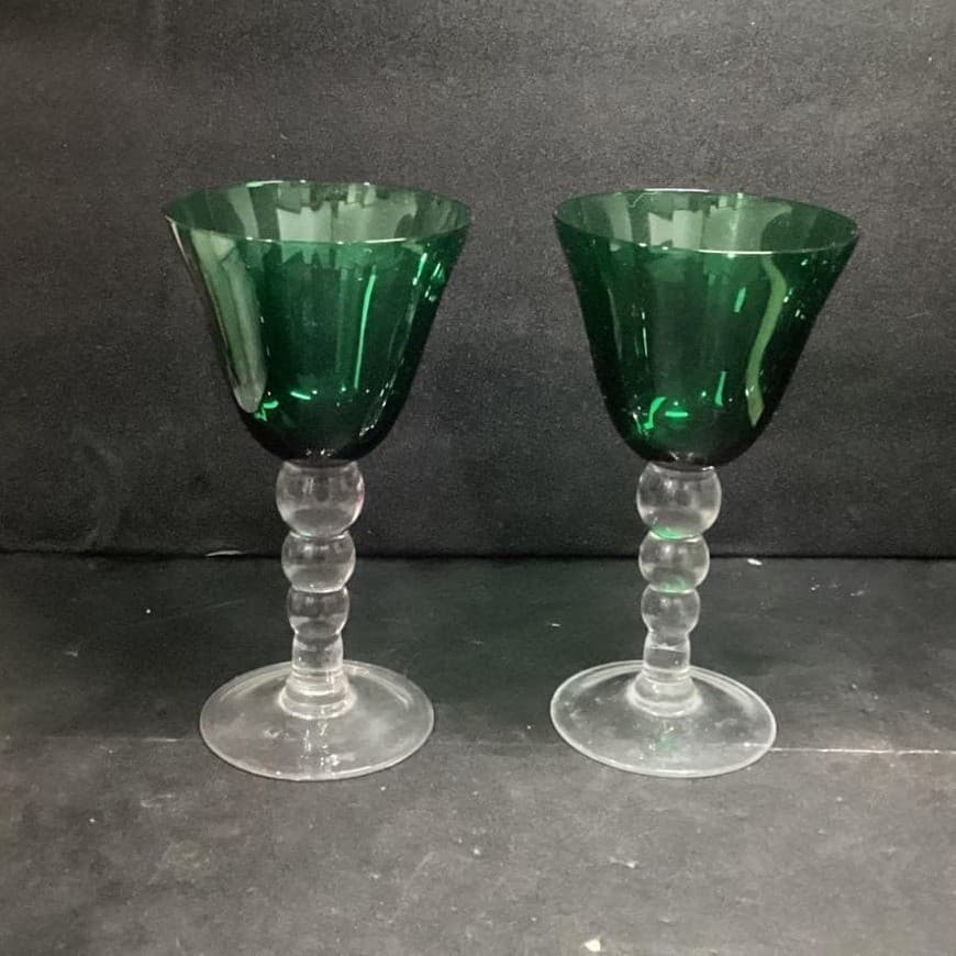 Emerald Green Water Glasses, Set of 2, Vintage Clear Bubble Stem, Stemware - Thumbnail 2
