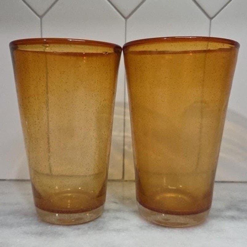 Hand Blown Amber Bubble Glasses, Set of 2, Golden Tumbler, Artisanal Drinkware - Thumbnail 7