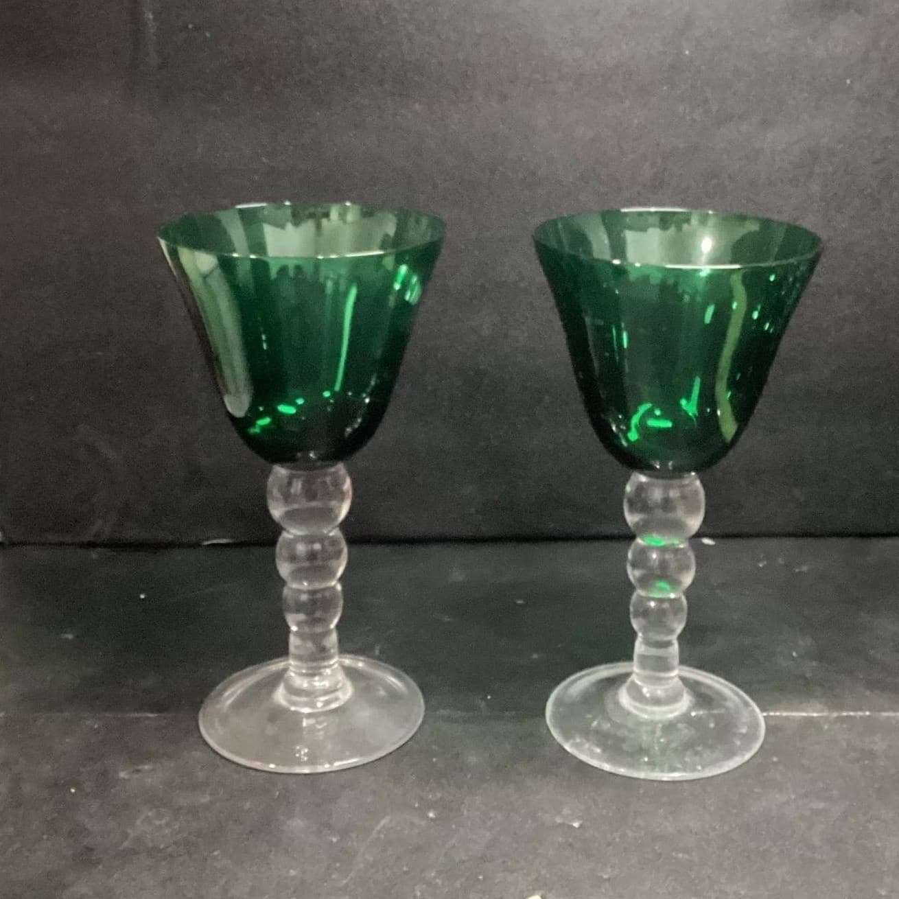 Emerald Green Water Glasses, Set of 2, Vintage Clear Bubble Stem, Stemware - Thumbnail 6