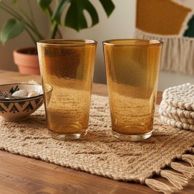 Hand Blown Amber Bubble Glasses, Set of 2, Golden Tumbler, Artisanal Drinkware