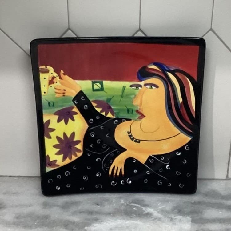 Naylor Designs Hand Painted Decorative Plate, Vtg Coffee Lady Design, Wall Art - Thumbnail 2