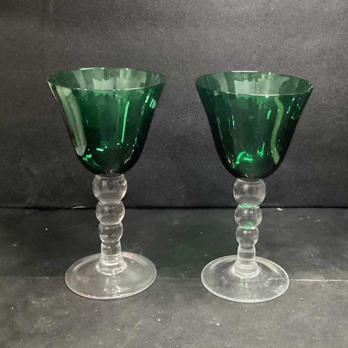 Emerald Green Water Glasses, Set of 2, Vintage Clear Bubble Stem, Stemware - Thumbnail 4