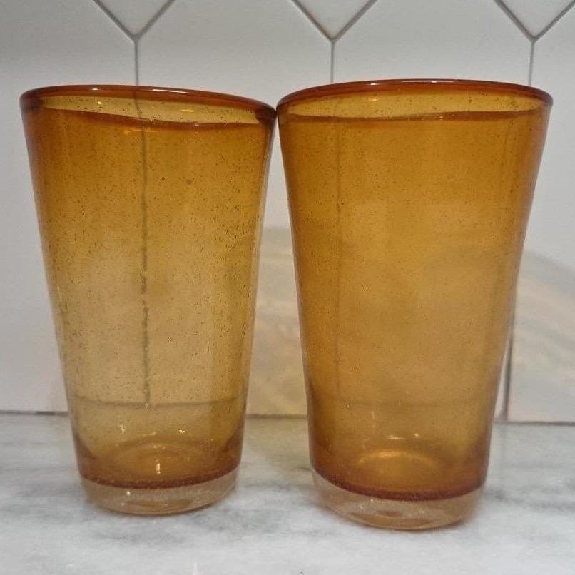 Hand Blown Amber Bubble Glasses, Set of 2, Golden Tumbler, Artisanal Drinkware - Thumbnail 10