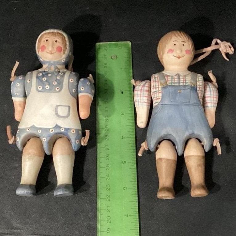 Set Of 2 Ceramic Handpainted Rag Dolls Man And Lady With Articulated Limbs 6.5" - Thumbnail 2