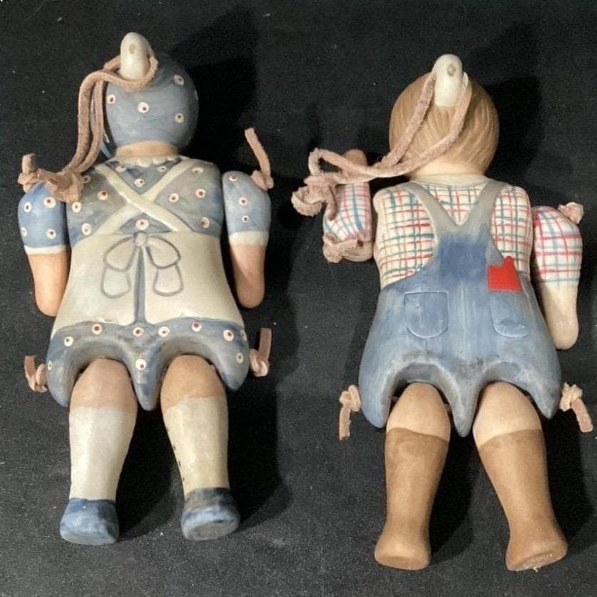Set Of 2 Ceramic Handpainted Rag Dolls Man And Lady With Articulated Limbs 6.5" - Thumbnail 6
