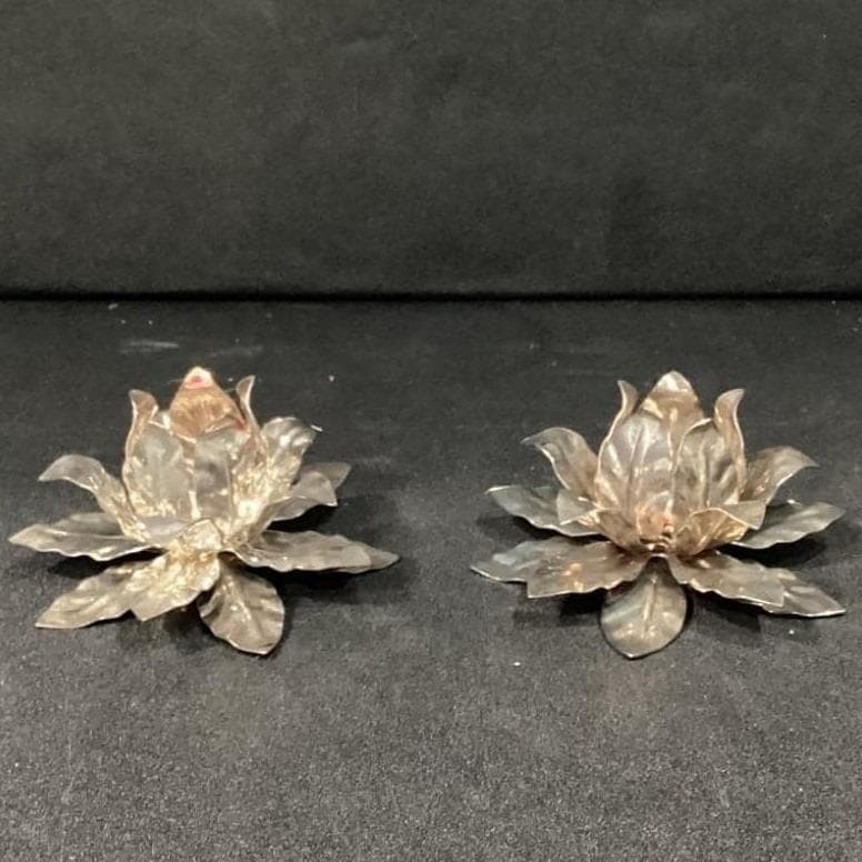 Vintage Candle Stick Holders Silver Plated Leaf Flower Set - Thumbnail 11