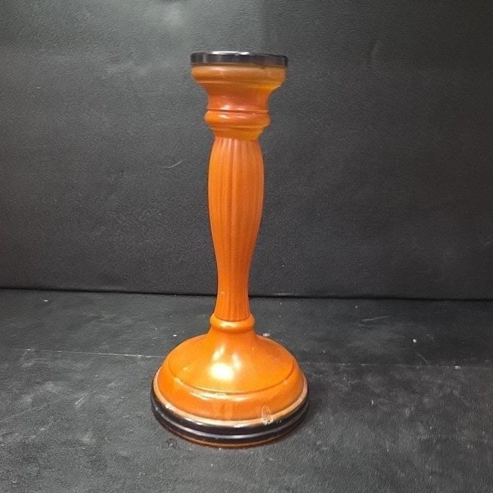 Halloween Matte Painted Glass Candlestick, Orange & Black Candle Holder, Fall - Thumbnail 2
