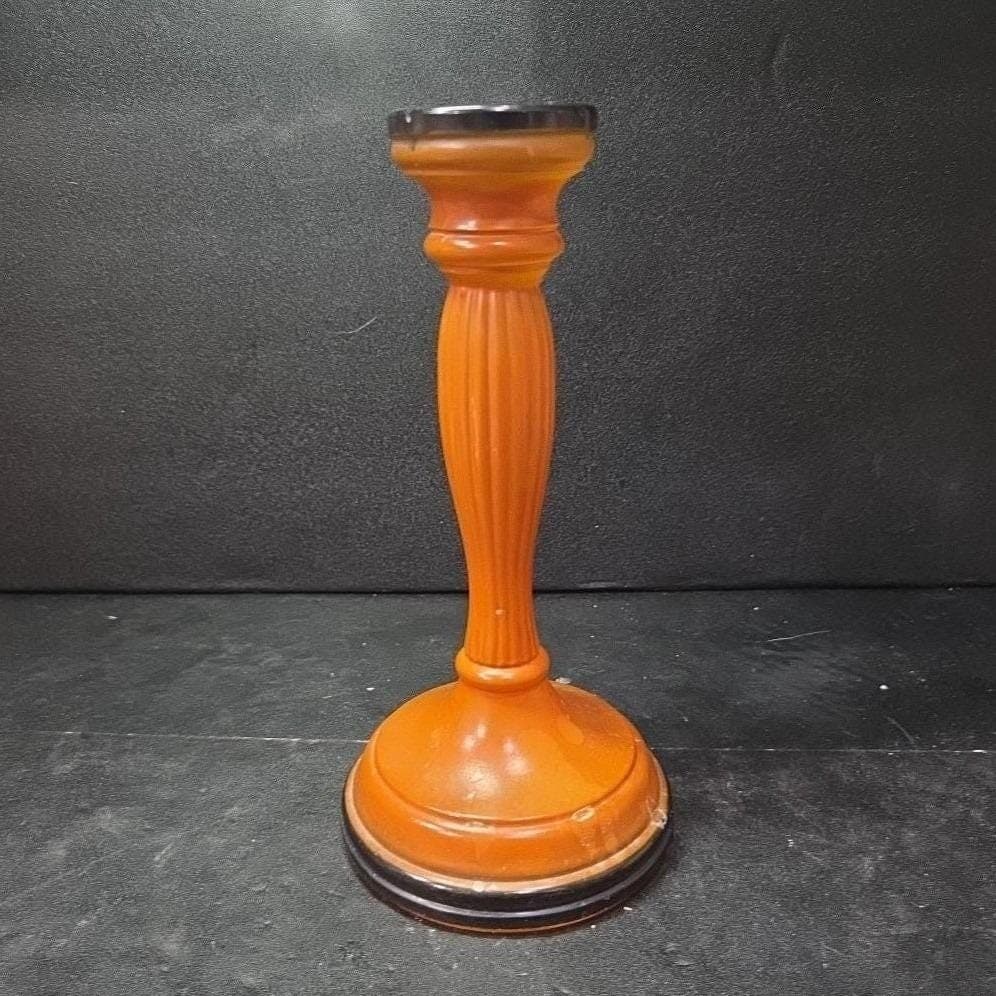 Halloween Matte Painted Glass Candlestick, Orange & Black Candle Holder, Fall - Thumbnail 5