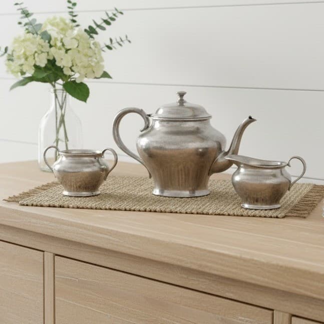 Brewster Pewter 4503 Tea Pot, Creamer And Sugar Bowl Vintage