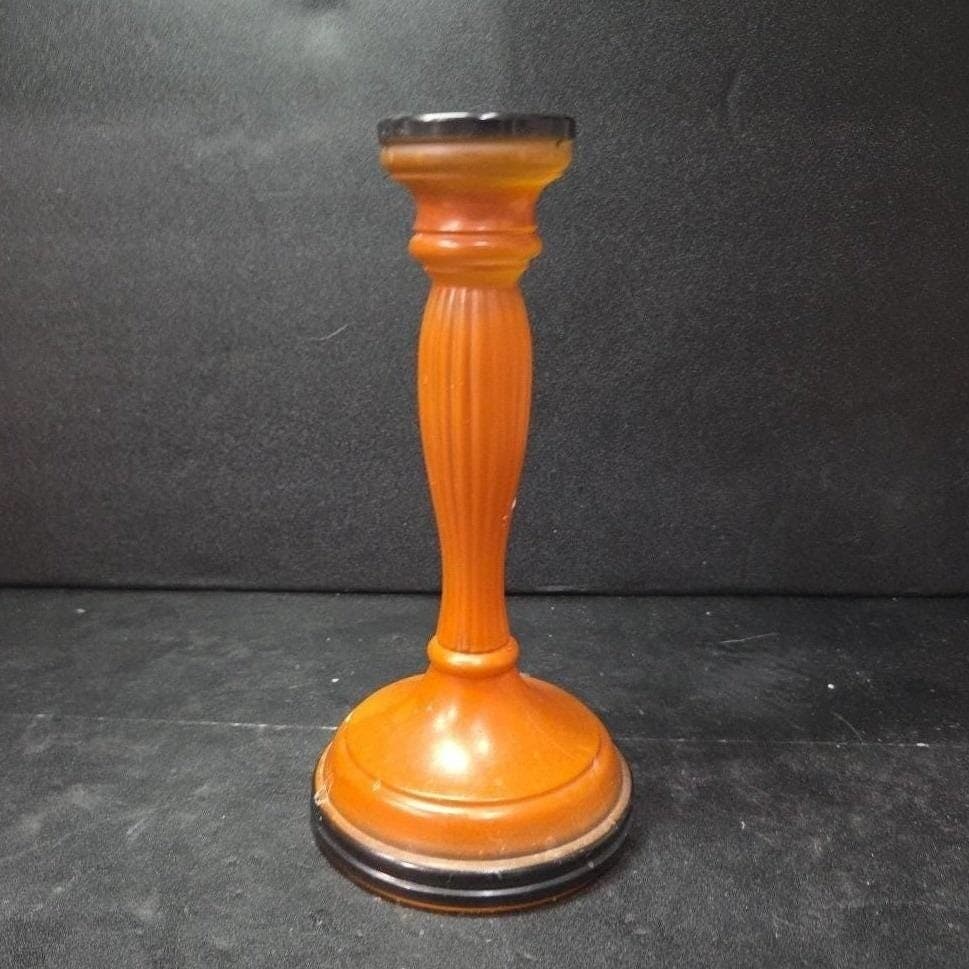 Halloween Matte Painted Glass Candlestick, Orange & Black Candle Holder, Fall - Thumbnail 3