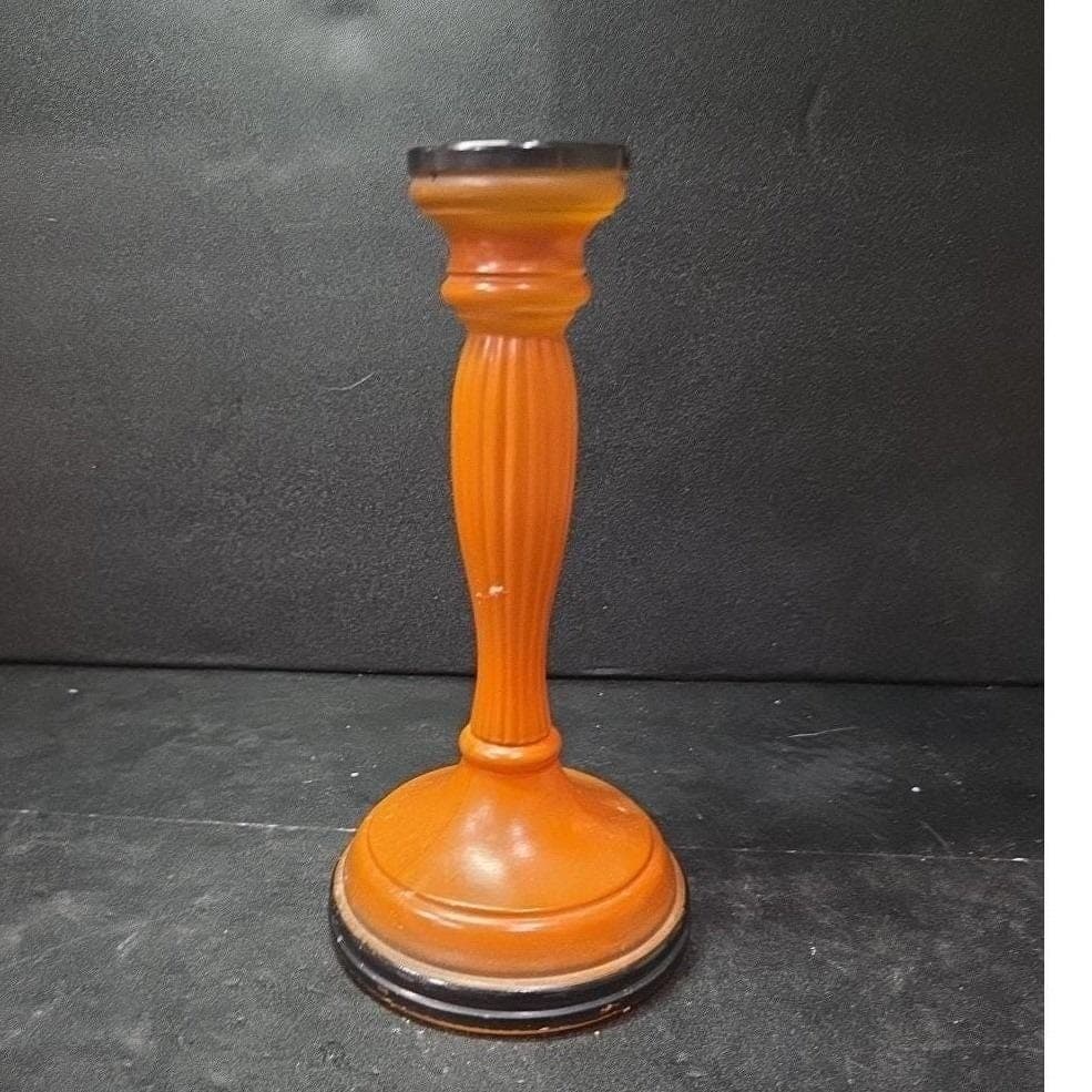 Halloween Matte Painted Glass Candlestick, Orange & Black Candle Holder, Fall - Thumbnail 4