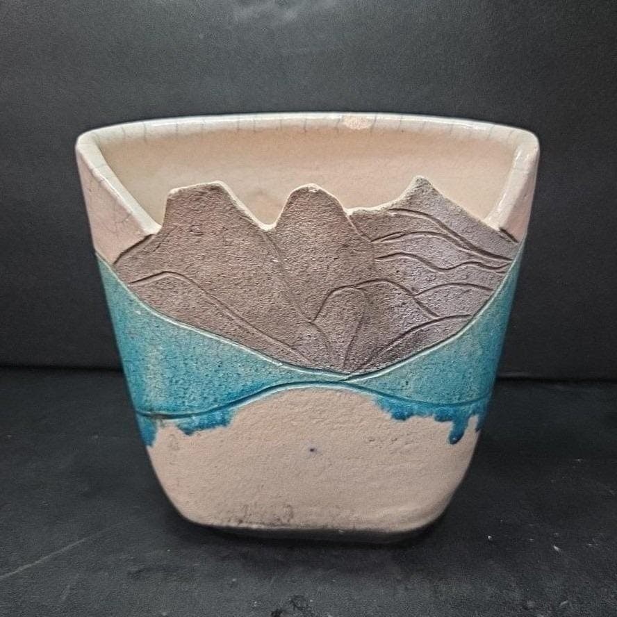 Mountain Art Southwest Style Vase, Signed Pottery, Centerpiece, White Gray Blue - Thumbnail 2