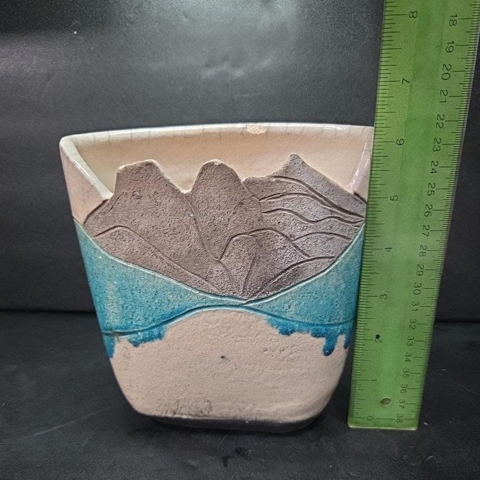 Mountain Art Southwest Style Vase, Signed Pottery, Centerpiece, White Gray Blue - Thumbnail 9
