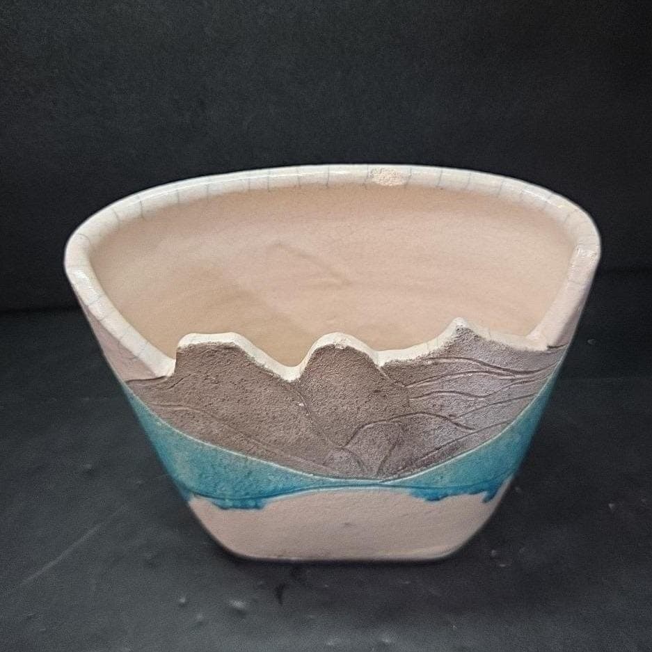 Mountain Art Southwest Style Vase, Signed Pottery, Centerpiece, White Gray Blue - Thumbnail 6