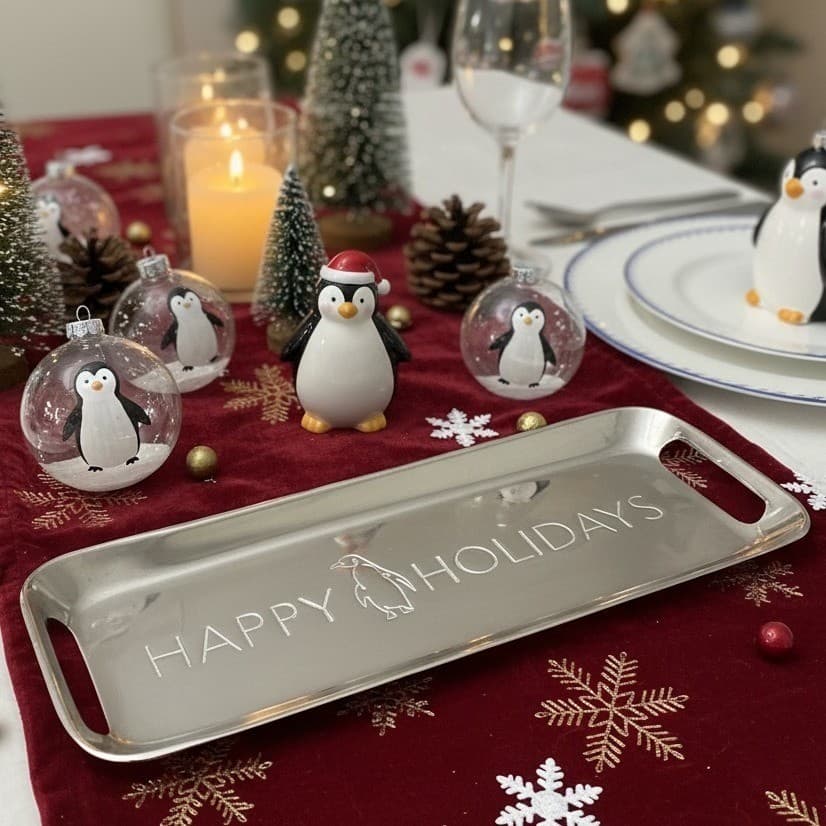 PLACE & TIME Happy Holidays With Penguin Silverplated Serving Tray