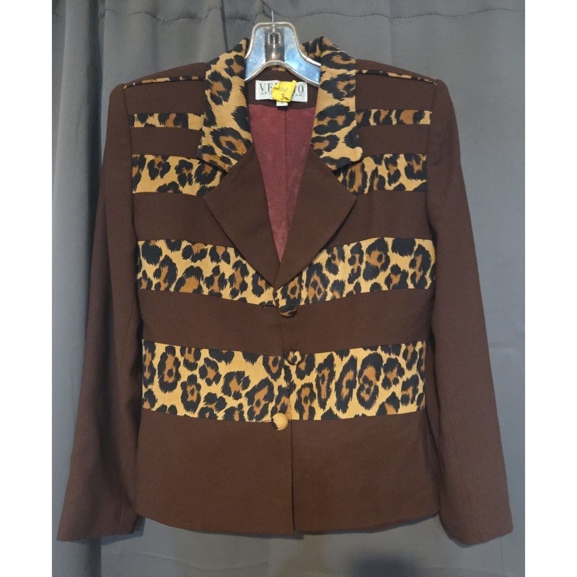Verno Sportswear New York Brown Leopard Striped Blazer, Women's Small Jacket - Thumbnail 3