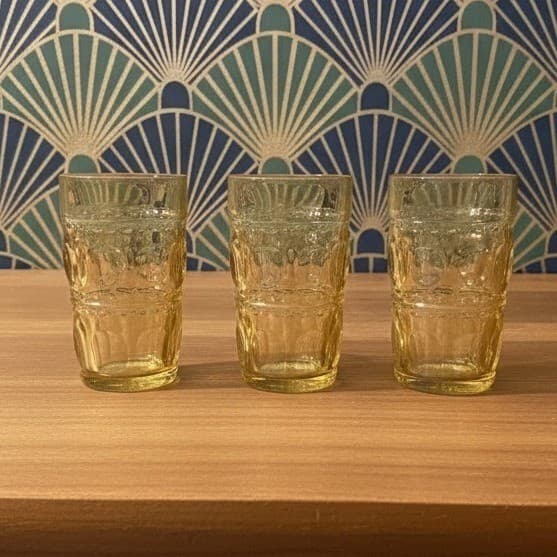Colony Glass Crown Pattern Tumblers, Set of 3, Honey Gold Glasses, Drinkware