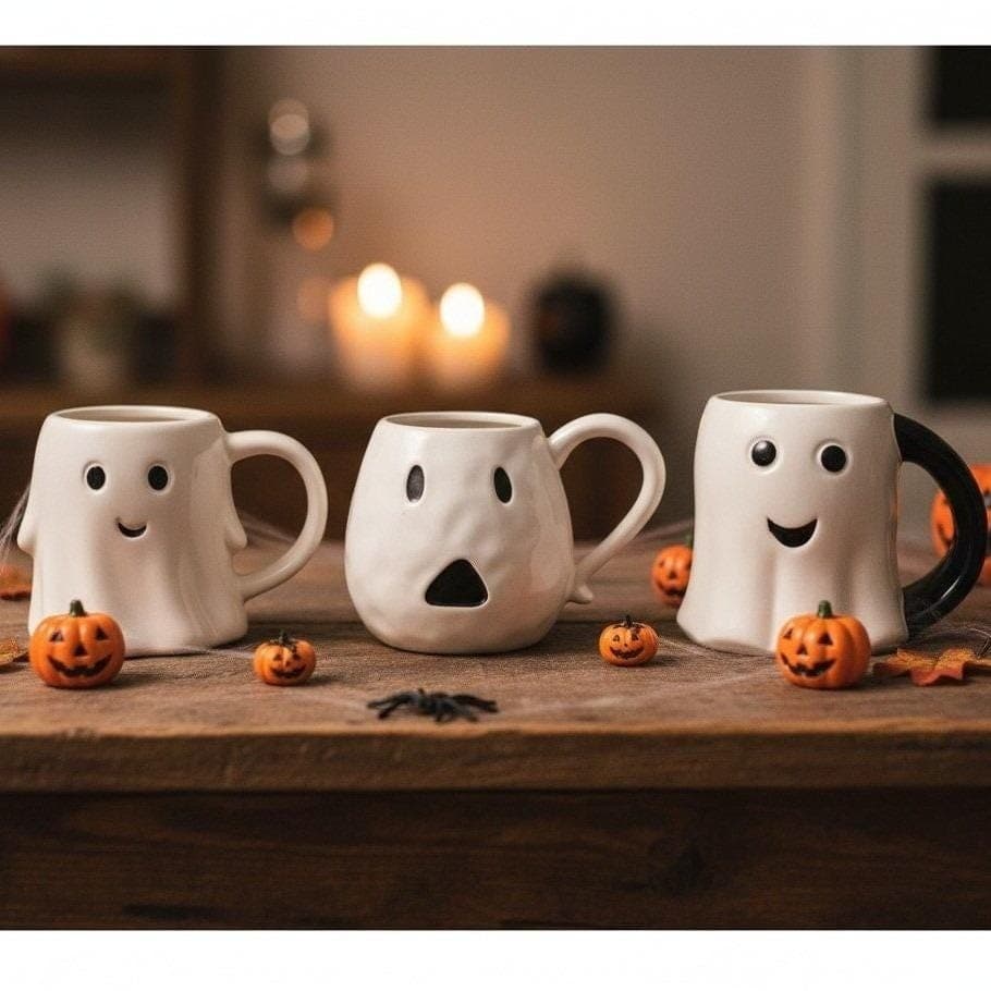Ghost Coffee Cups, Set of 3, Halloween Spooky Ceramic Mug, Replacement Drinkware