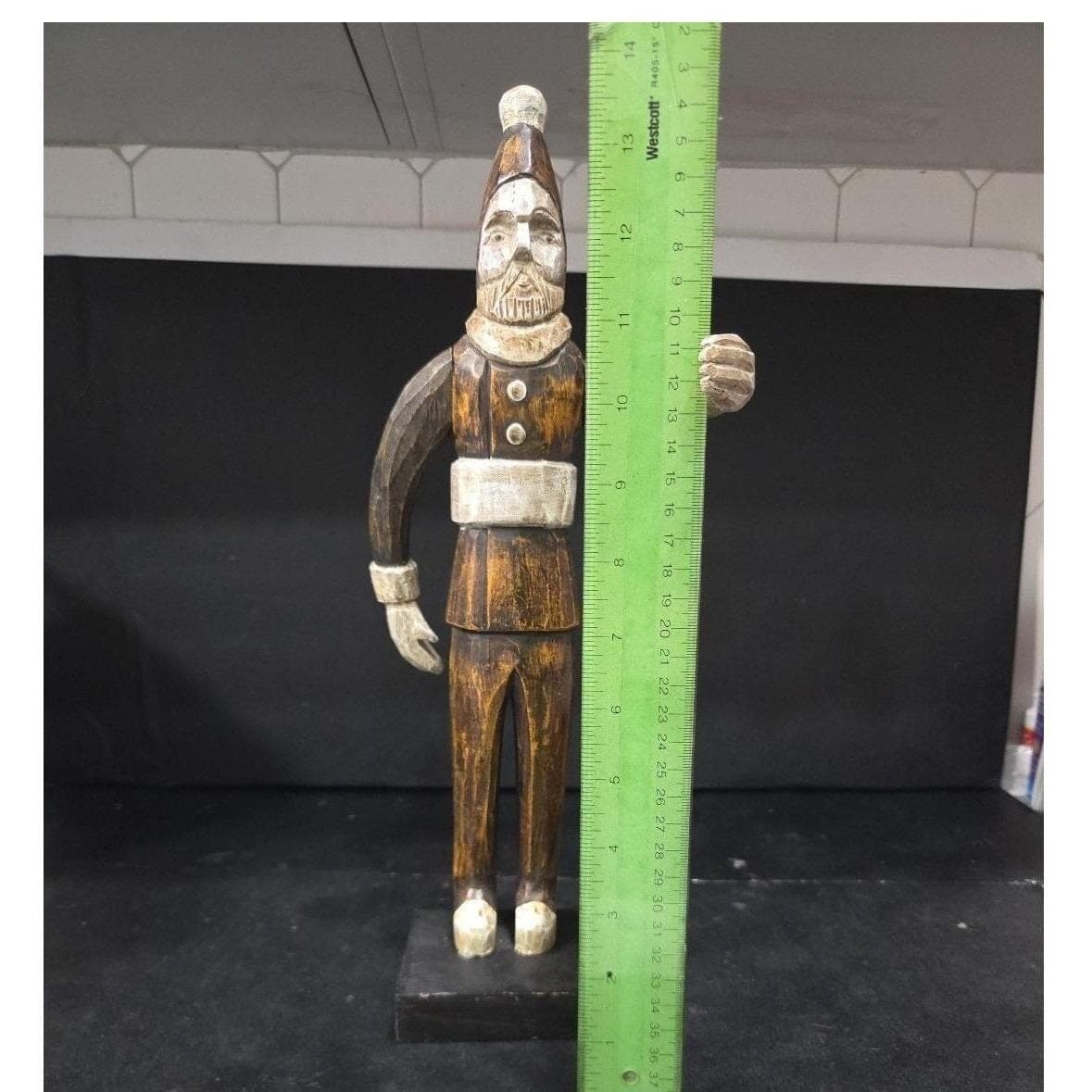 Folk Art Santa Wood Carving 15", Vintage European Christmas Figure, Hand Carved - Thumbnail 2