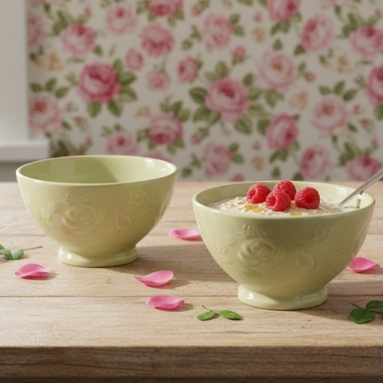 Incised Rose Green Soup Bowls, Set of 2, Floral Pedestal Dishes, Tableware