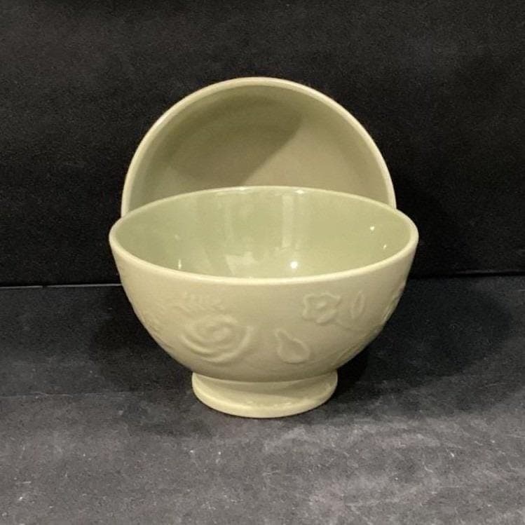 Incised Rose Green Soup Bowls, Set of 2, Floral Pedestal Dishes, Tableware - Thumbnail 2
