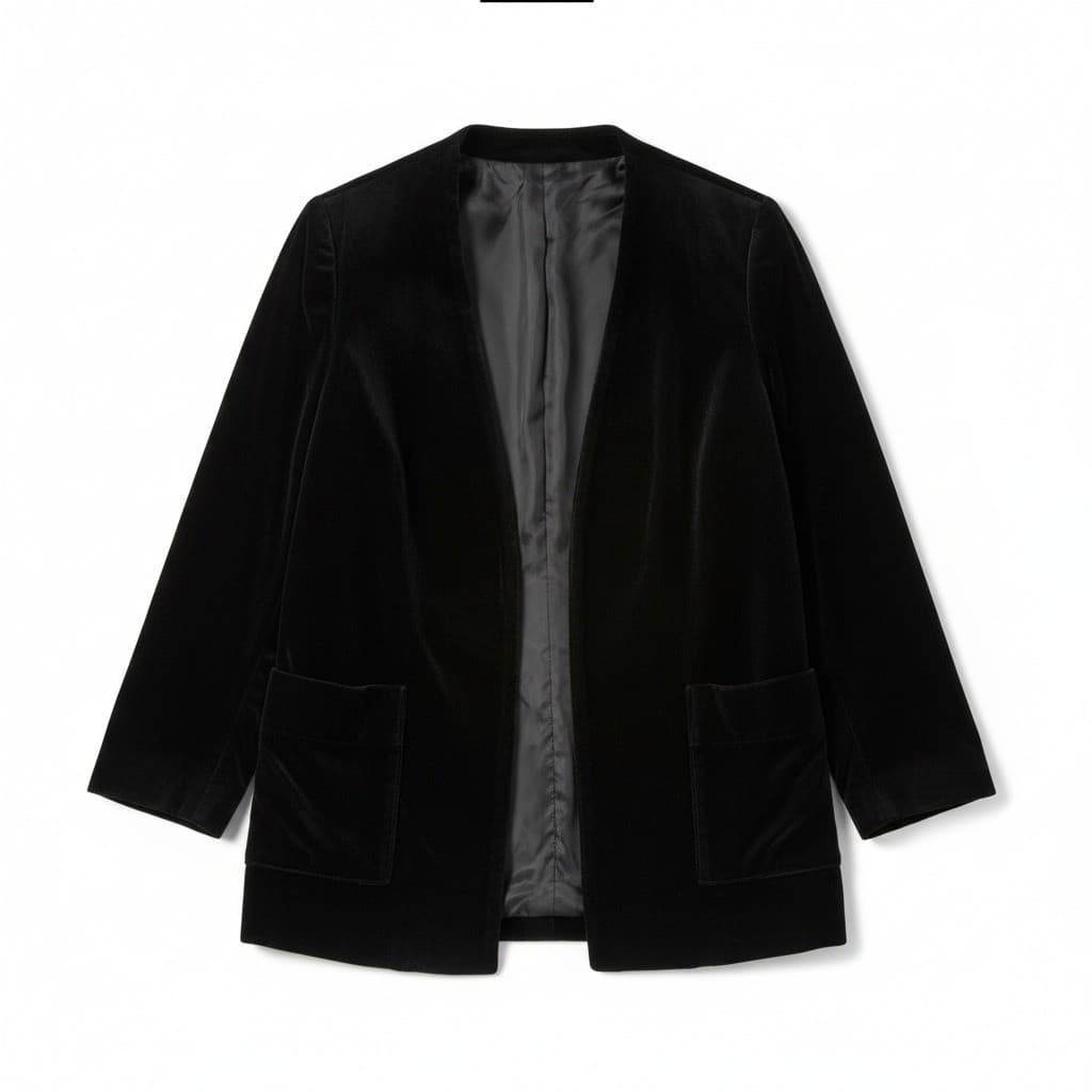 Black Velvet Open Front Blazer Jacket, Vintage Collarless Patch Pockets RN 17400