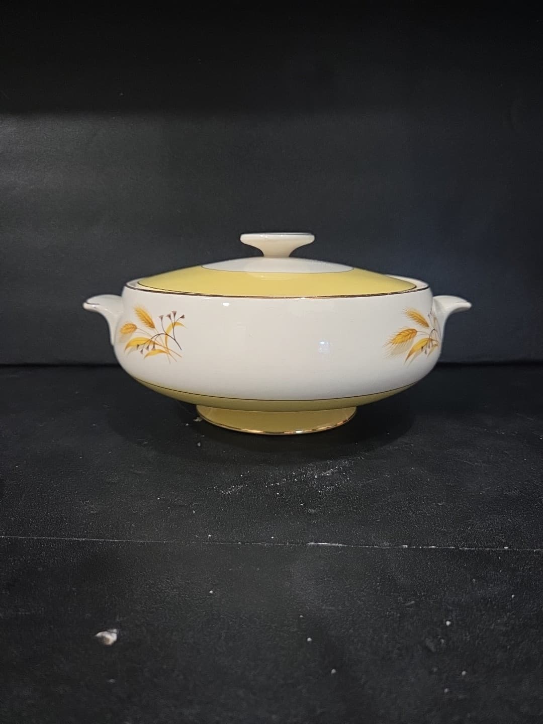 Rare Vintage Century Yellow And White Ceramic Bowl & Cover,Wheat Design W/Gold