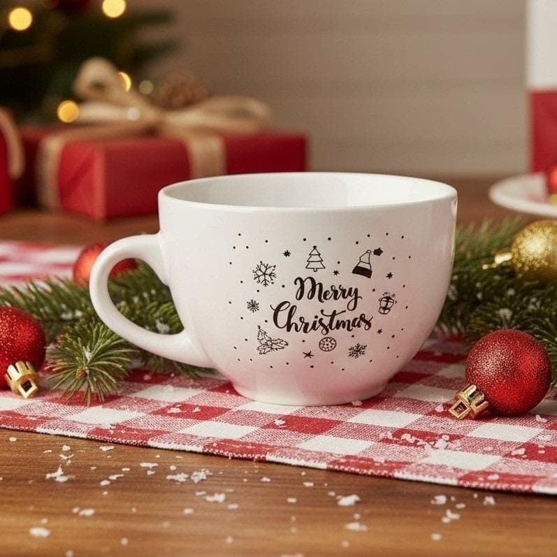 Bruntmor Merry Christmas White Large Coffee Cup, Oversized Holiday Ceramic Mug