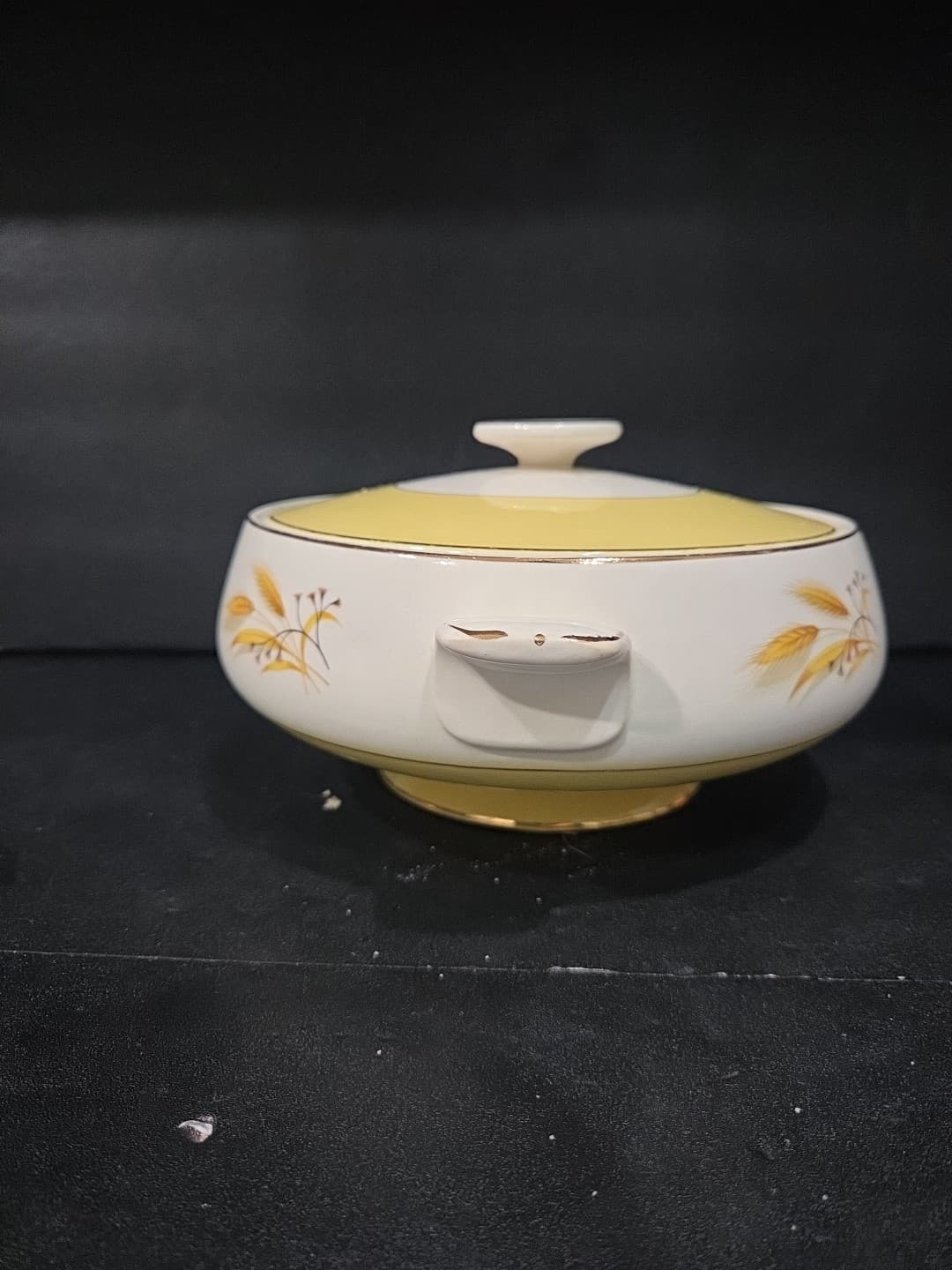 Rare Vintage Century Yellow And White Ceramic Bowl & Cover,Wheat Design W/Gold - Thumbnail 2