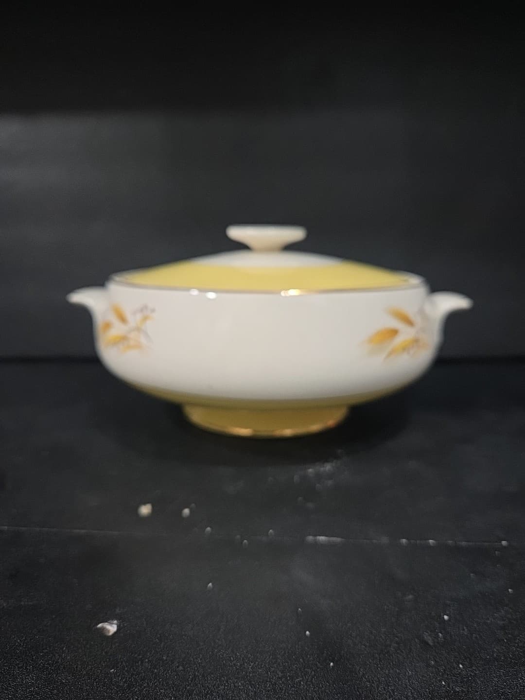Rare Vintage Century Yellow And White Ceramic Bowl & Cover,Wheat Design W/Gold - Thumbnail 3