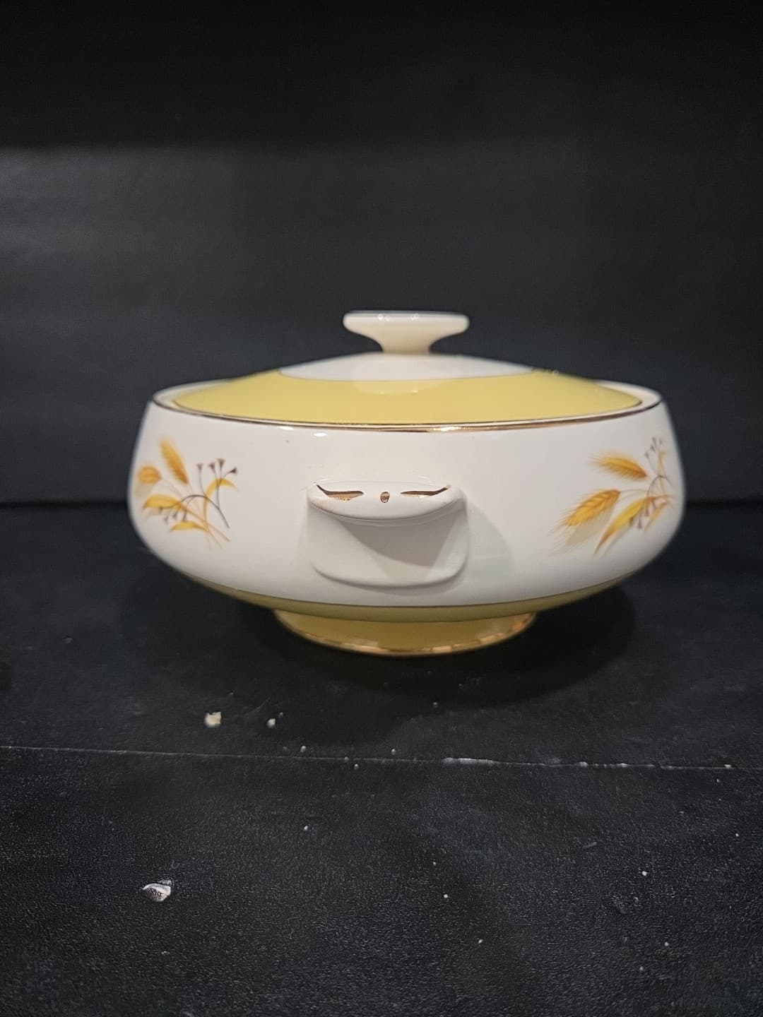 Rare Vintage Century Yellow And White Ceramic Bowl & Cover,Wheat Design W/Gold - Thumbnail 4