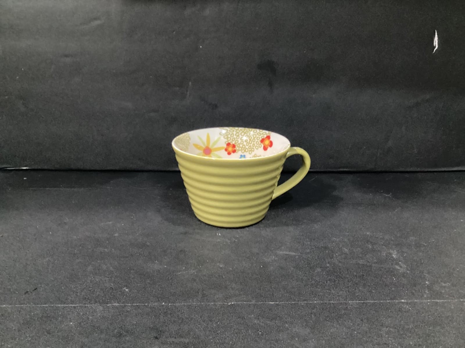 Starbucks Coffee Mug Green Ribbed Cup 12oz Bright Floral Design Inside 2007