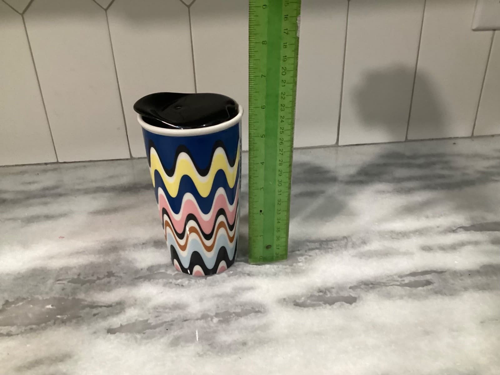 Starbucks 12 oz Ceramic Tumbler Travel Mug With Black Lid Pastel Waves Wavy - Thumbnail 7
