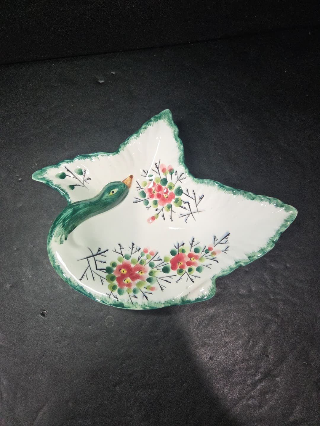 Italian Green Bird Bowl, Hand Painted Floral Dish, Trinket Holder, Multicolor
