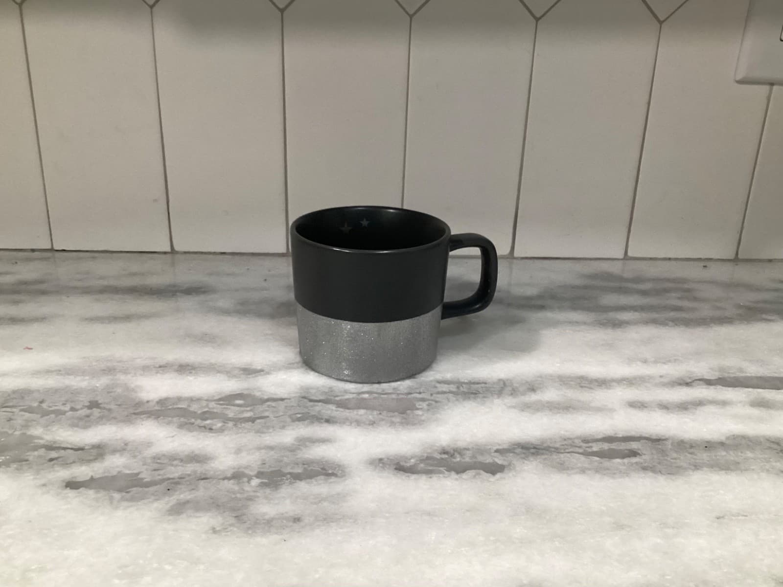STARBUCKS Mug 2018 Matte Black Silver Glitter and Stars Ceramic Coffee Mug 12oz