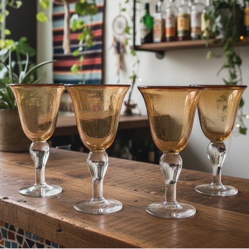 Artland Iris Amber Water Goblets, Set of 4, Vintage Hand Blown Bubble Design