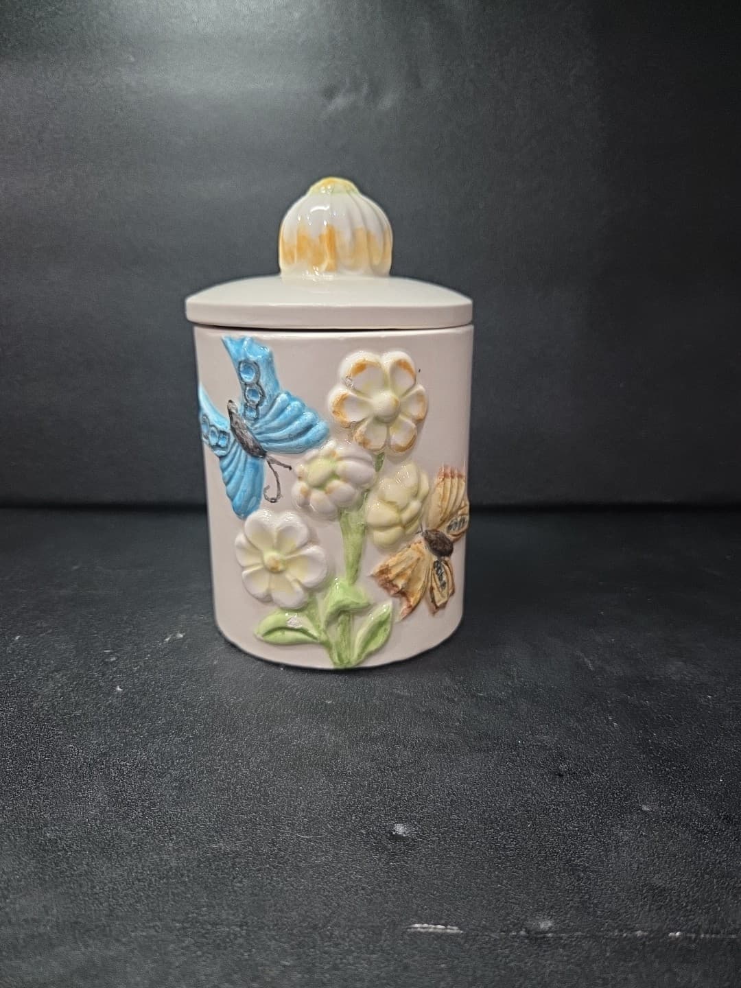 Handmade Ceramic Butterfly Jar, Vintage Small Floral Canister, Butterfly Decor