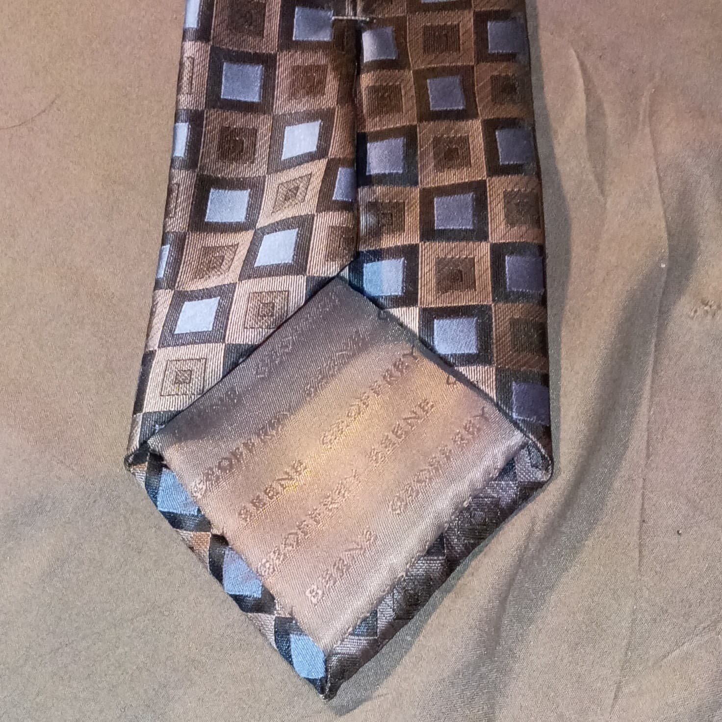 Geoffrey Beene Men’s Silk Tie Brown & Blue Geometric Pattern - Thumbnail 5