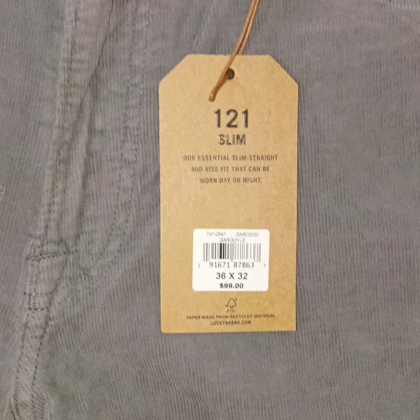 Lucky Brand Men's 121 Slim Gray Corduroy Stretch Jeans Mid Rise 5-Pocket - Thumbnail 9