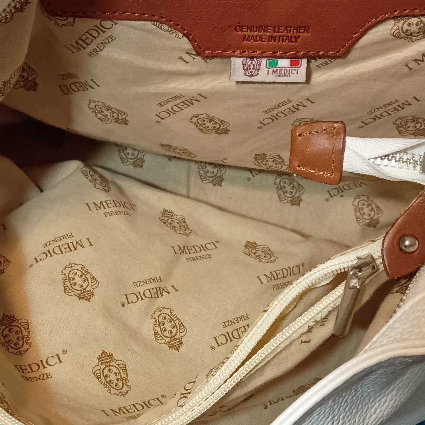 I Medici Firenze Pebbled Shoulder Bag Zip Top Handle Pockets White Brown - Thumbnail 13