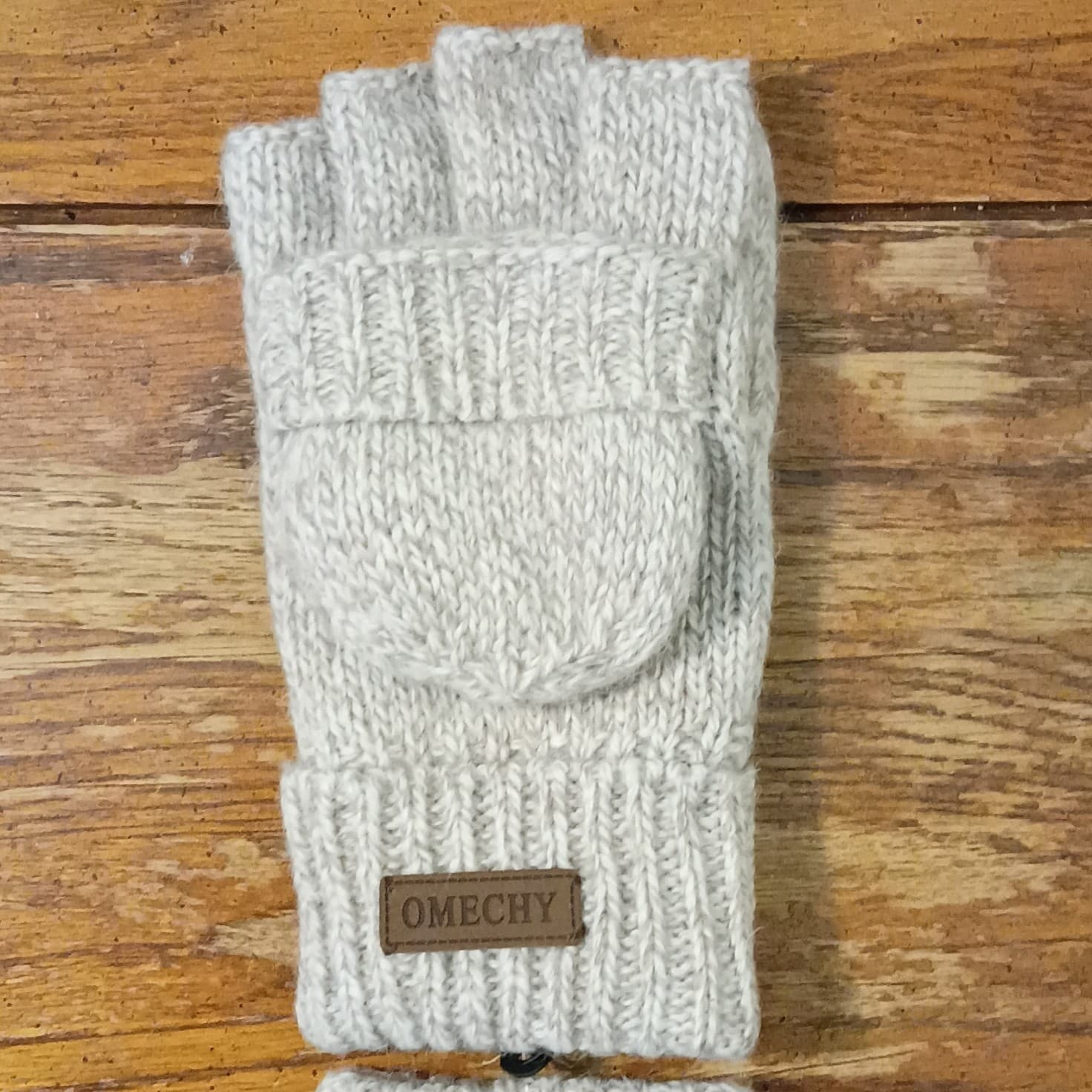 OMECHY Women’s Fingerless Knit Wrist Gloves Gray/Brown One Size, Logo - Thumbnail 2