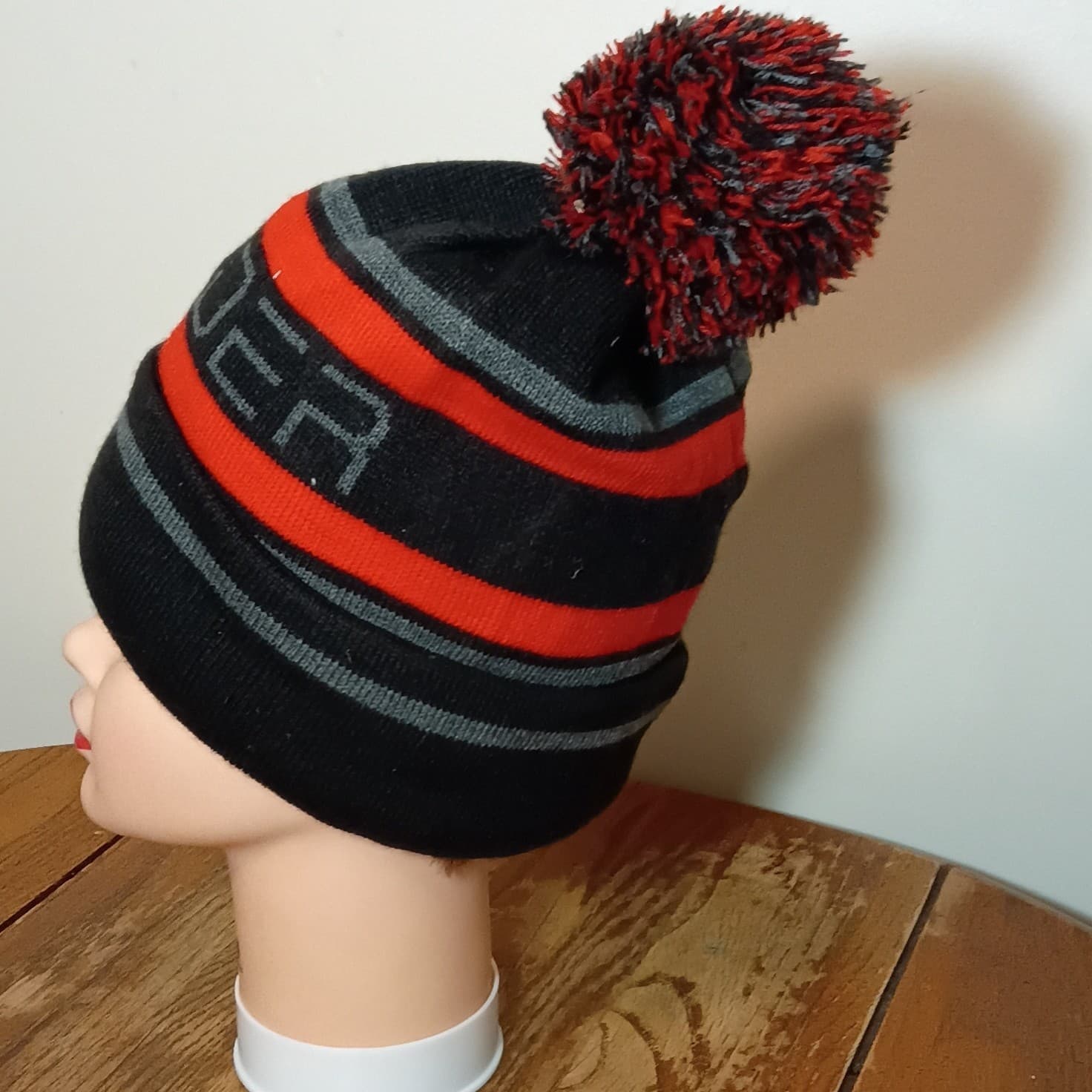 Spyder Lined Pom Pom Beanie Hat Black Red Gray Striped Winter One Size - Thumbnail 2