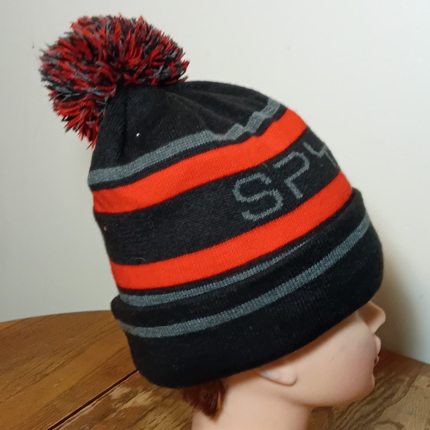 Spyder Lined Pom Pom Beanie Hat Black Red Gray Striped Winter One Size - Thumbnail 4
